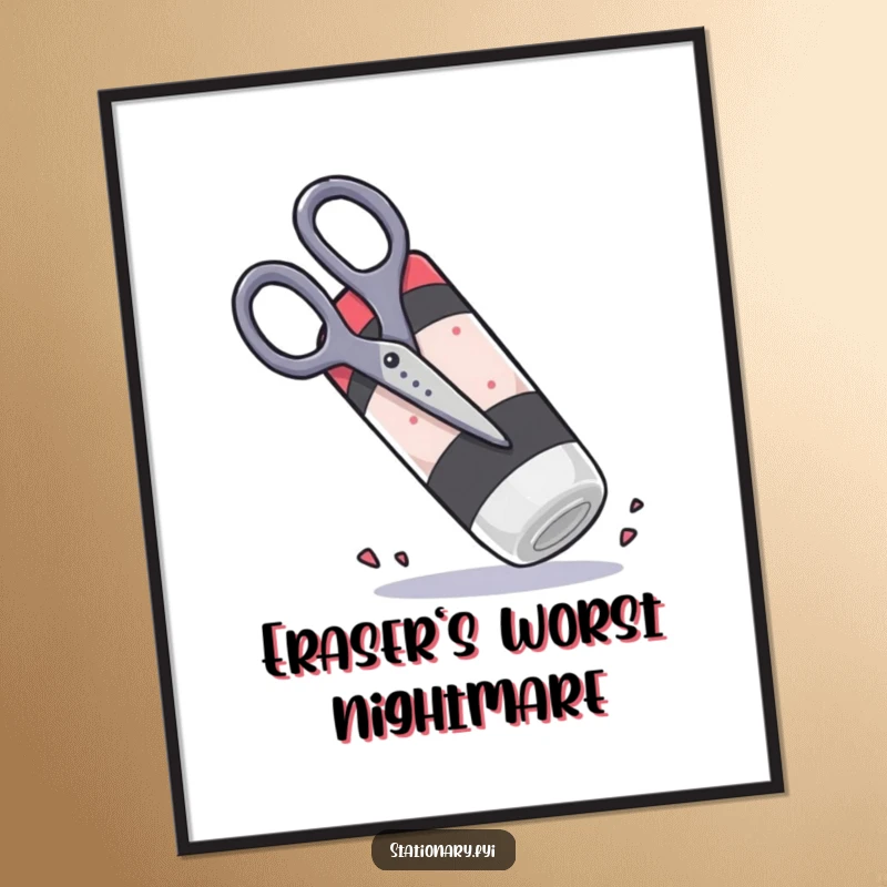 Funny scissors attempting to chop a giant rubbery eraser, hilarious wall art for a creative space.