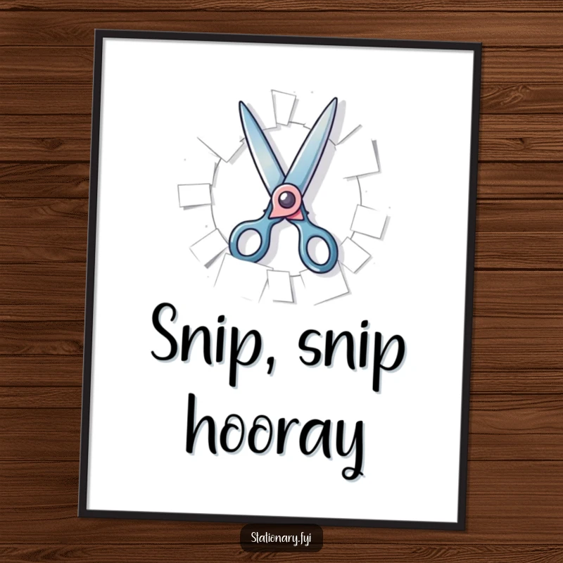 Funny Poster of playful scissors gleefully snipping paper, bringing artistic creativity and humor to any wall, a perfect gift.