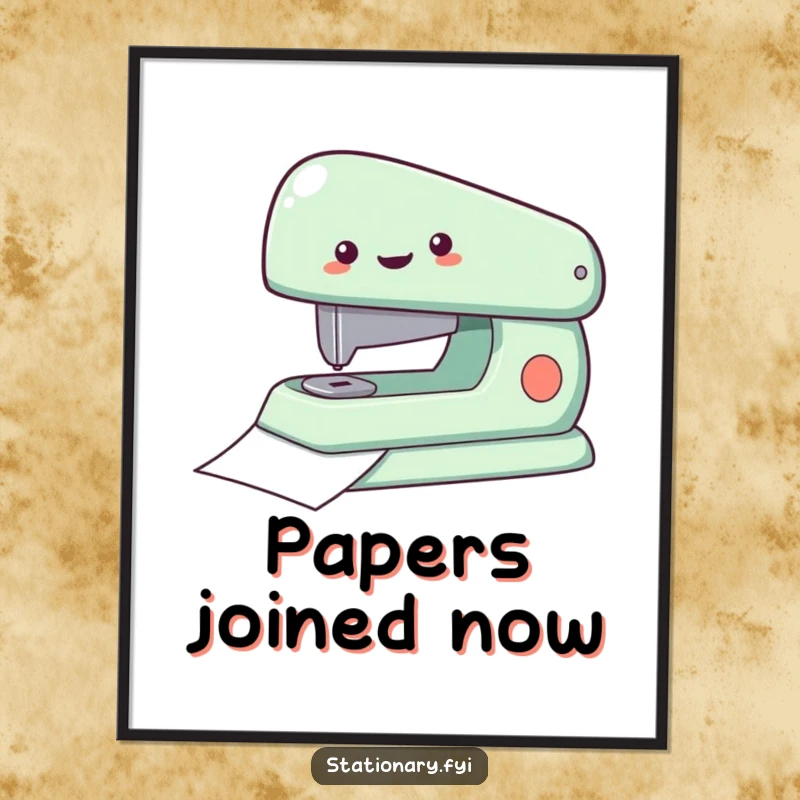 Funny Poster of a delighted stapler rapidly fastening paper, bringing artistic efficiency and humor to any wall, a perfect gift.