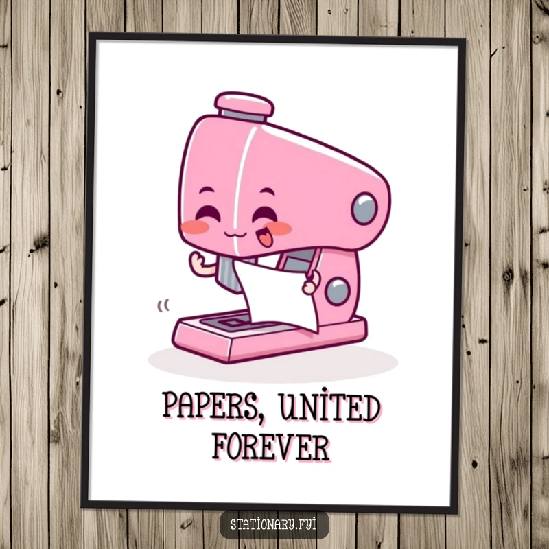 Funny poster of a giddy stapler character enthusiastically zapping paper together, adding office cheer.