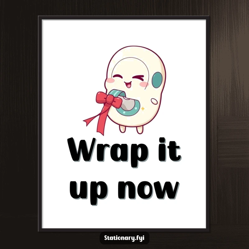 Funny poster of a winking tape dispenser character merrily dispensing a colorful festive ribbon, adding humor to any wall.