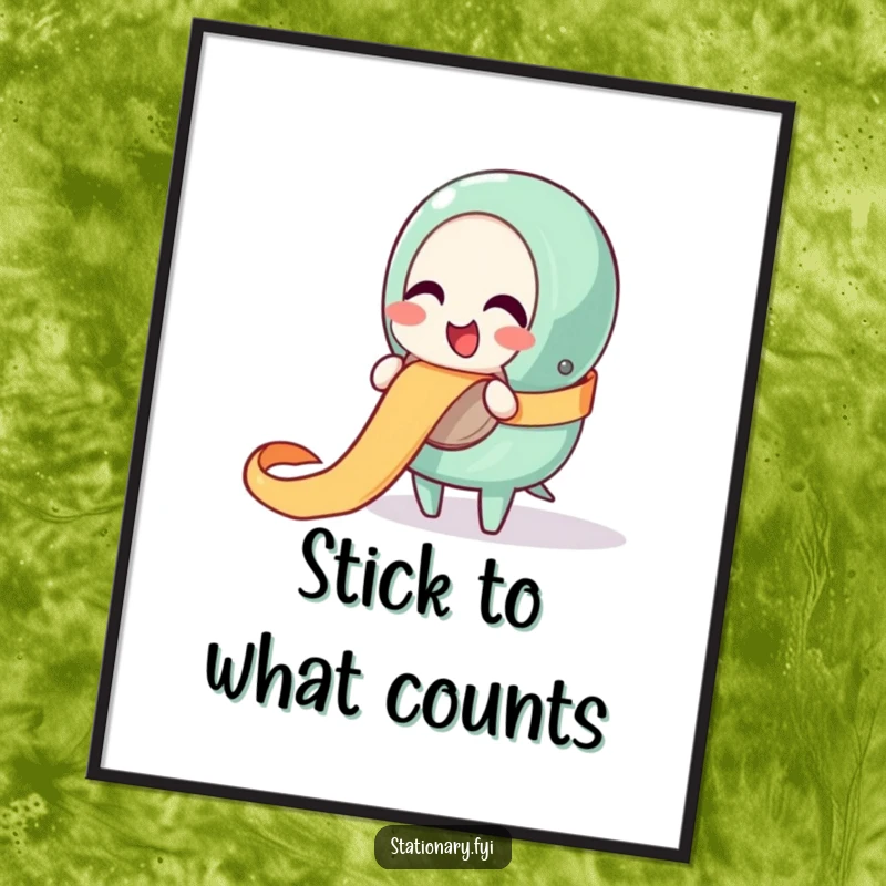 Funny poster of a giggling tape dispenser character happily unraveling a ribbon, adding a cheerful and playful touch to decor.