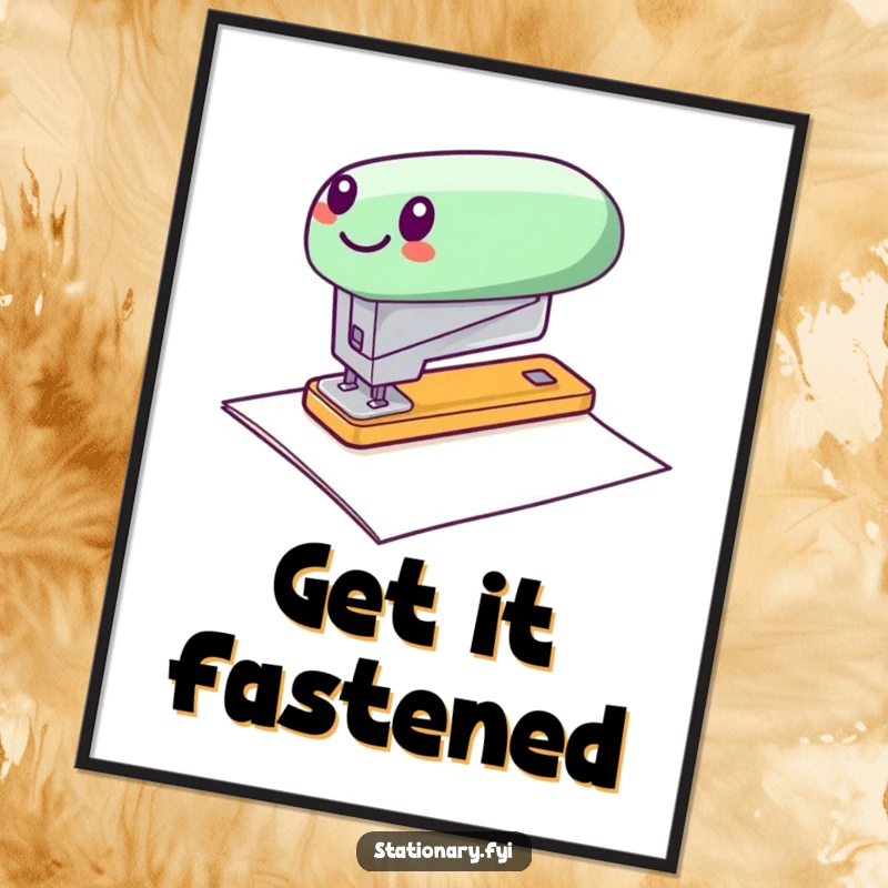 Funny poster illustrating a cheerful stapler in fast motion, zipping across paper, perfect for office spaces.