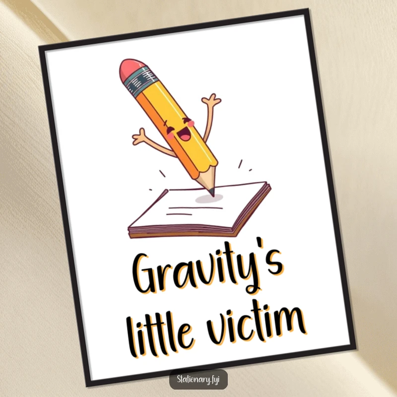 Funny pencil dramatically falling off a desk with flailing arms, hilarious wall art for a humorous touch.