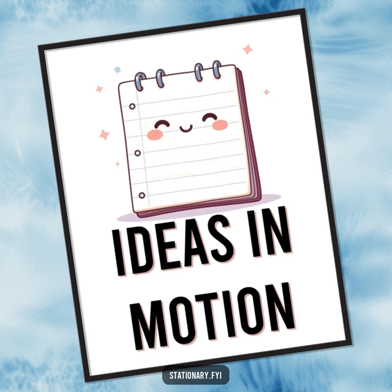 Funny poster of a happy notepad with pages catching a gentle breeze, symbolizing unleashed creativity and imaginative thought.