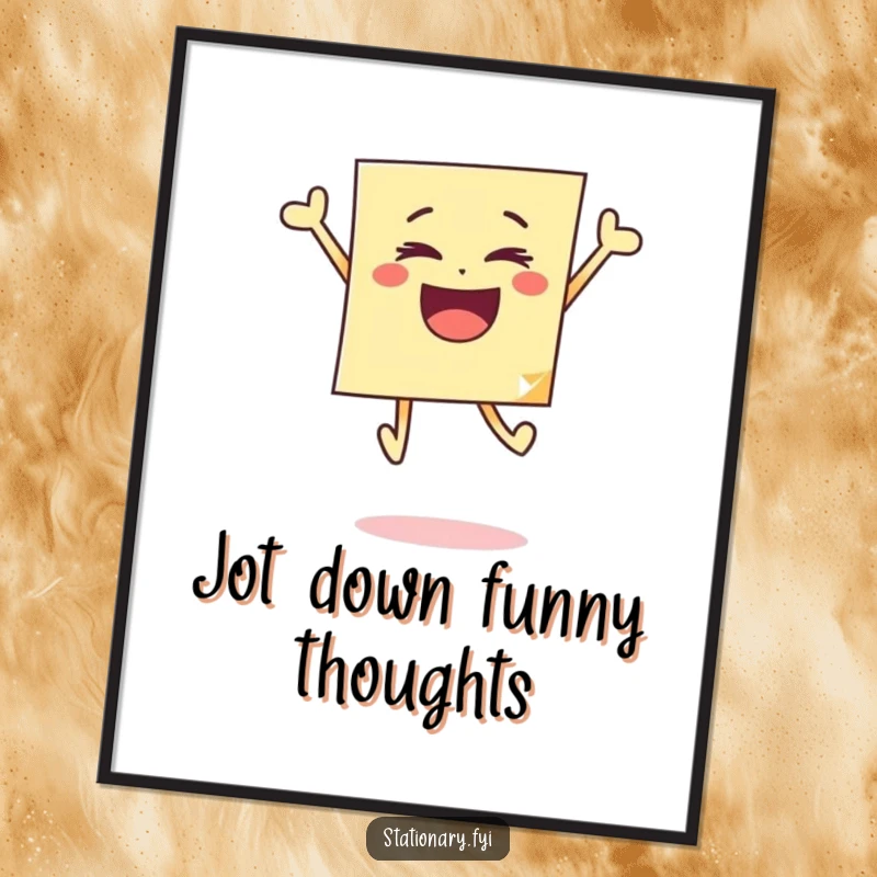 Funny poster displaying an energetic sticky note in a joyful leap, creating a whimsical and uplifting decorative piece.