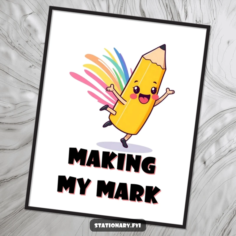Funny playful pencil poster, cartwheeling character leaving a colorful streak, bringing vibrant artistic energy to walls.