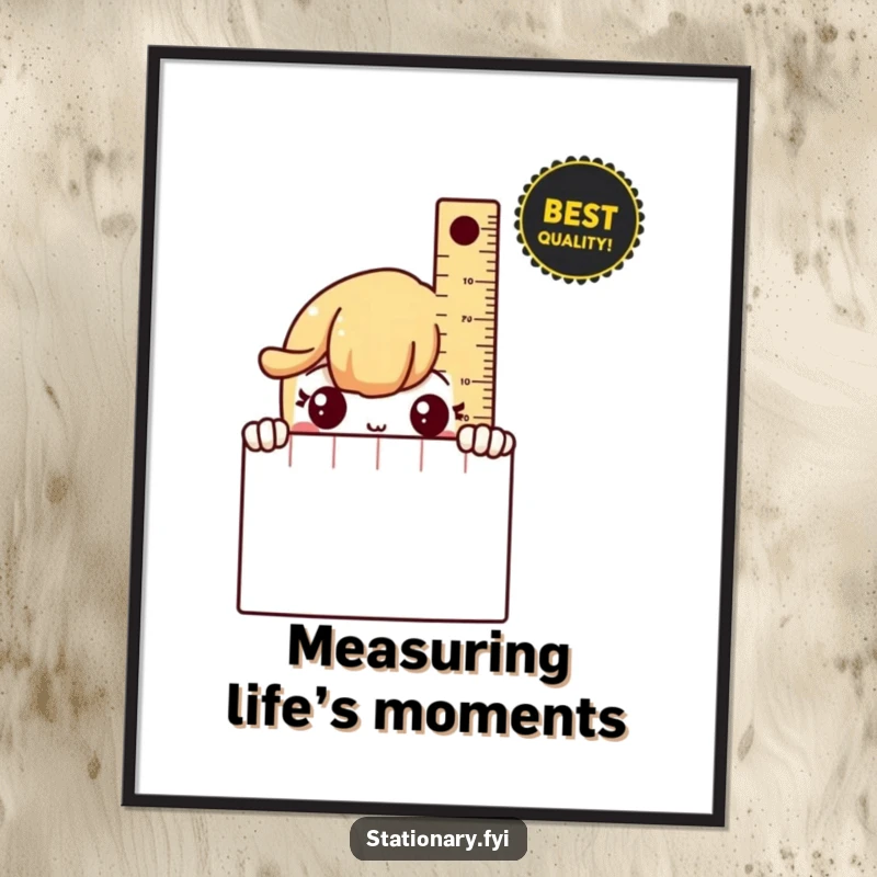 Funny Poster showing a shy ruler peeking from behind a notebook, adding quiet charm and stationery humor.