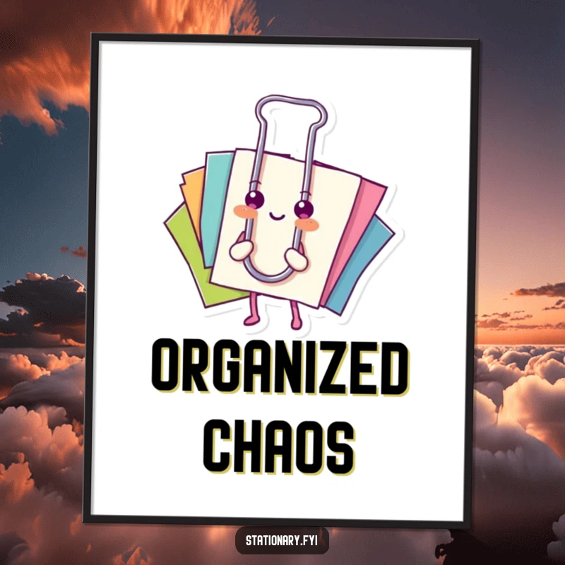 Funny poster: A cheerful paperclip neatly binds colorful documents, symbolizing order and efficiency.