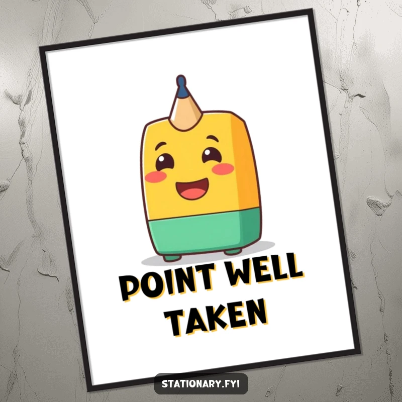 Funny Poster: A cheerful pencil sharpener character with a wide grin, adding humorous and sharp art to any room.