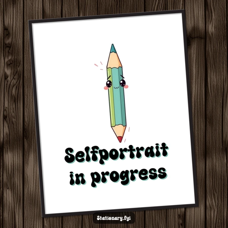 Funny poster art of a bewildered pencil trying to draw its own tip, a humorous and thought-provoking visual for any space.