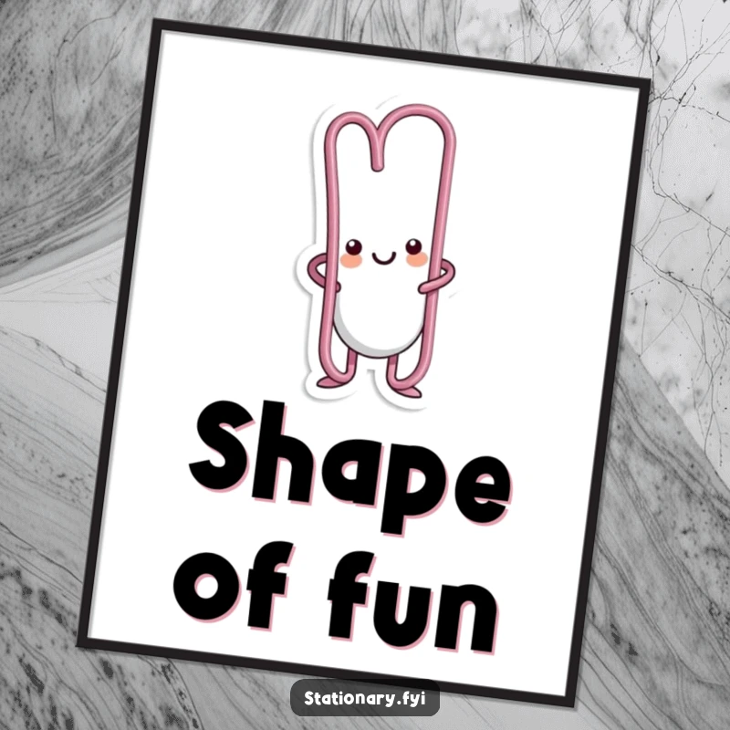 Funny kawaii paperclip character making a silly bendy shape, adding humor to wall art.