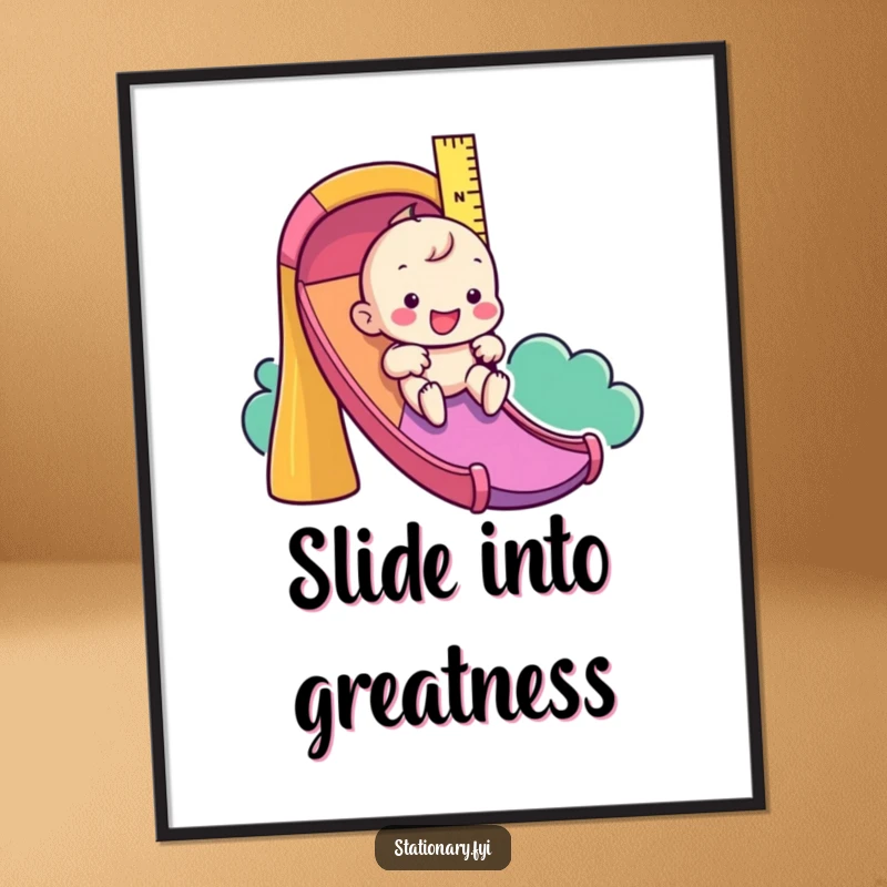 Funny poster art of a playful ruler character enjoying a ride down a bright, colorful slide, adding fun decor.