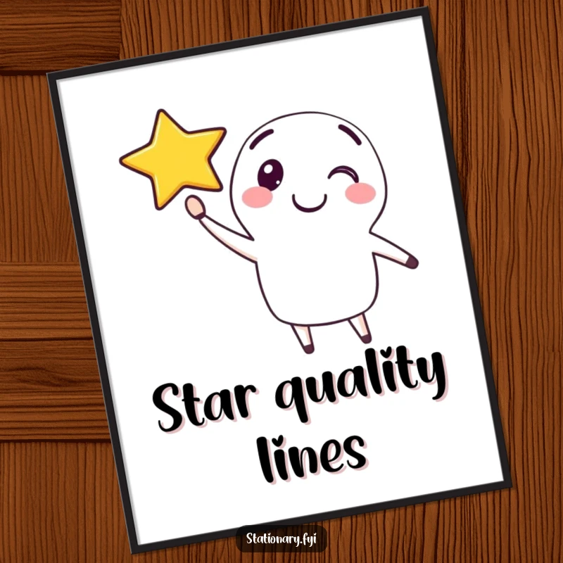 Funny poster artwork of a happy pen character drawing a smiling star in the air, ideal for creative decor.