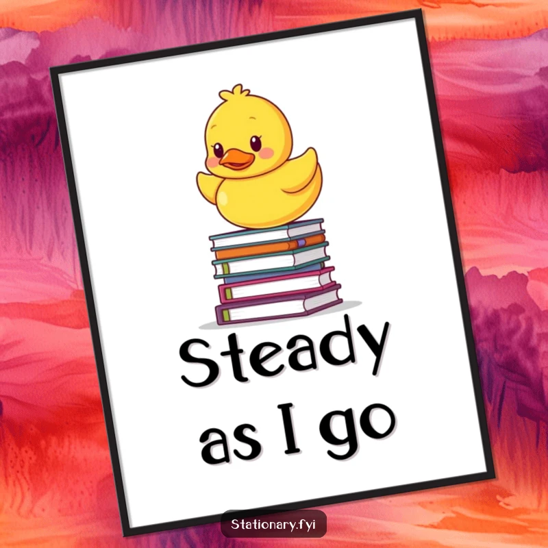 Funny poster showing a yellow rubber ducky in a precarious balancing act on a large stack of notebooks, adding humor to decor.