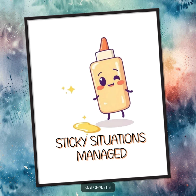 Funny glue stick poster showing a giggling glue stick character creating a dazzling, sticky, sparkling trail. Fun wall art.