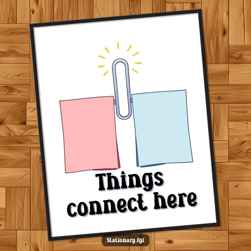 Funny Paperclip Poster: A beaming paperclip humorously connecting documents, a cheerful and funny piece of wall art.