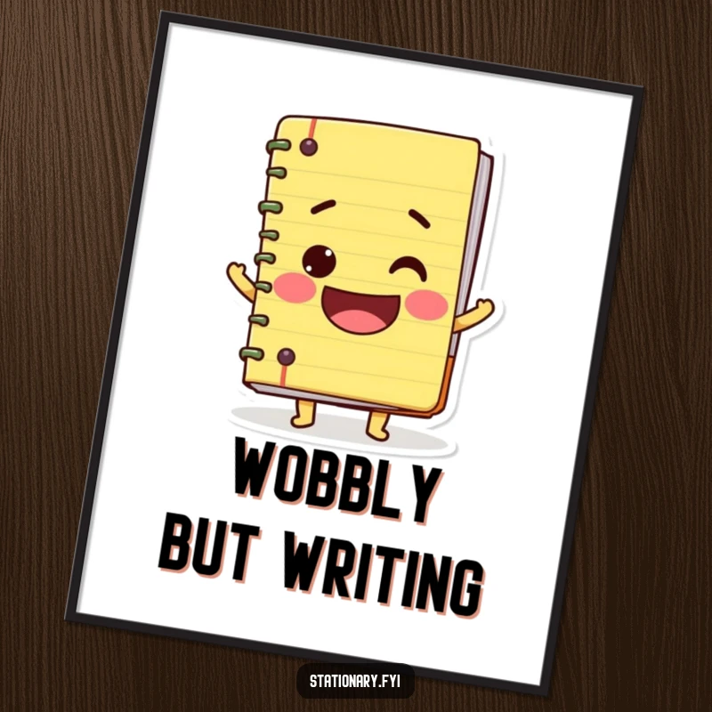 Funny poster of a wobbly notebook character with a large, infectious smile, perfect for adding whimsical and humorous decor.