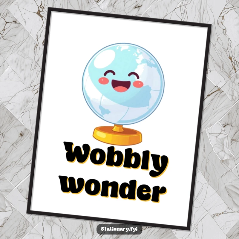 Funny poster of a charmingly wobbly globe spinning with cheerful energy, embodying the spirit of global exploration and fun.