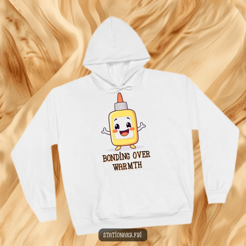 Funny Hoodie: A grinning glue bottle character in a wobbly pose, offering warmth and a sticky dose of laughter.