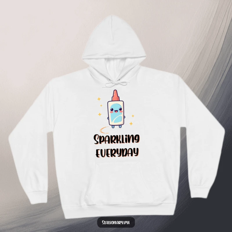 Funny Hoodie of a playful glue stick leaving a sparkly trail, combining cozy comfort with creative fun.