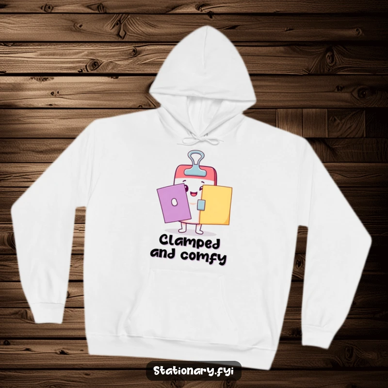 Funny Kawaii binder clip character clamping papers on a cozy hoodie, radiating joy and office-related humor.