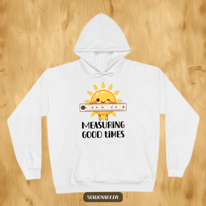 Funny Kawaii Ruler Hoodie cheerfully measuring a smiling sun, offering warm and humorous sunny vibes, perfect for gifting.