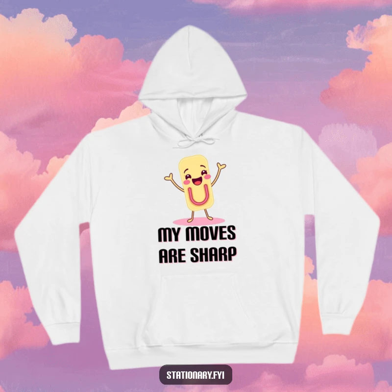 Funny hoodie featuring a joyous paper clip character doing a lively shimmy, offering warmth and cheerful design.