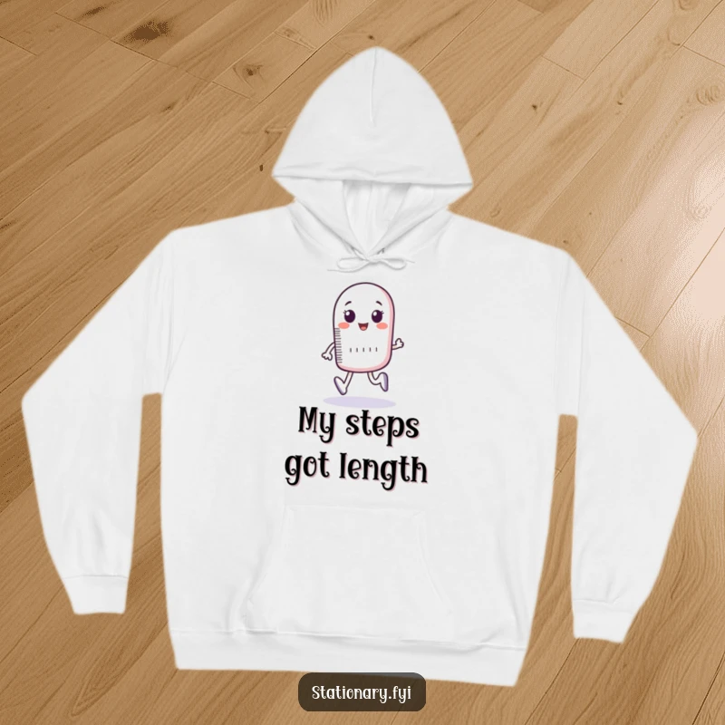 Funny hoodie with a bouncing ruler character humorously measuring imaginary footsteps, offering warmth and witty design.
