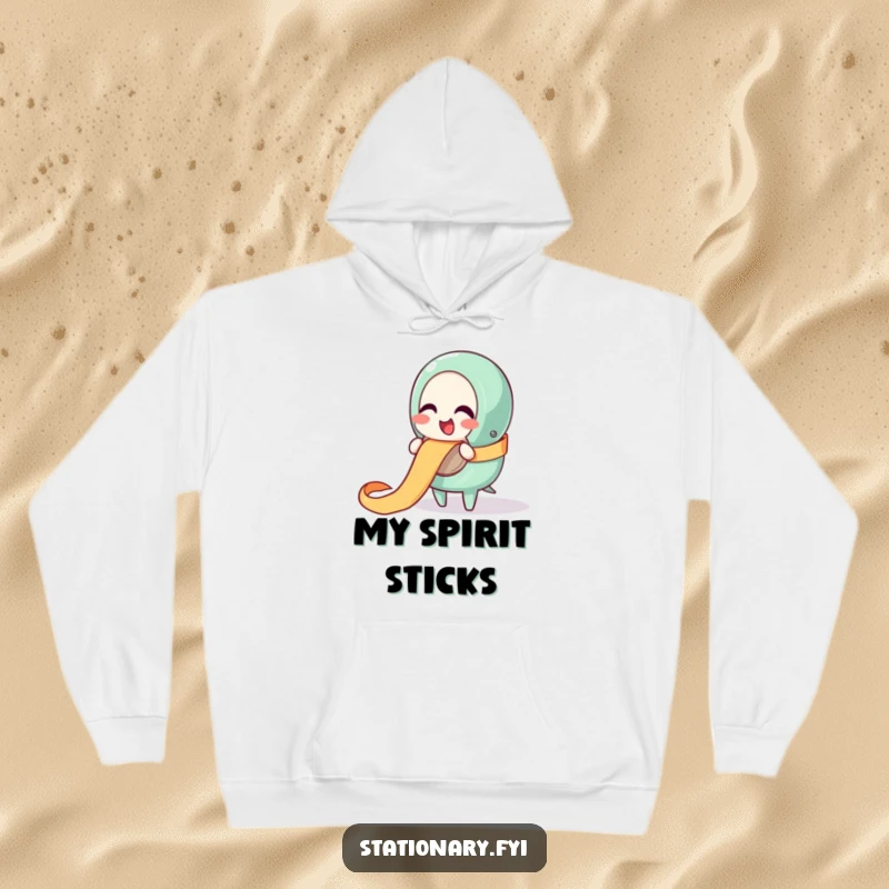Funny hoodie featuring a giggling tape dispenser character happily unraveling a ribbon, offering warmth and playful design.