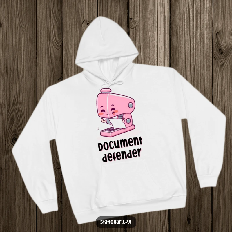 Funny hoodie featuring a giddy stapler character enthusiastically joining papers, perfect for cozy office vibes.
