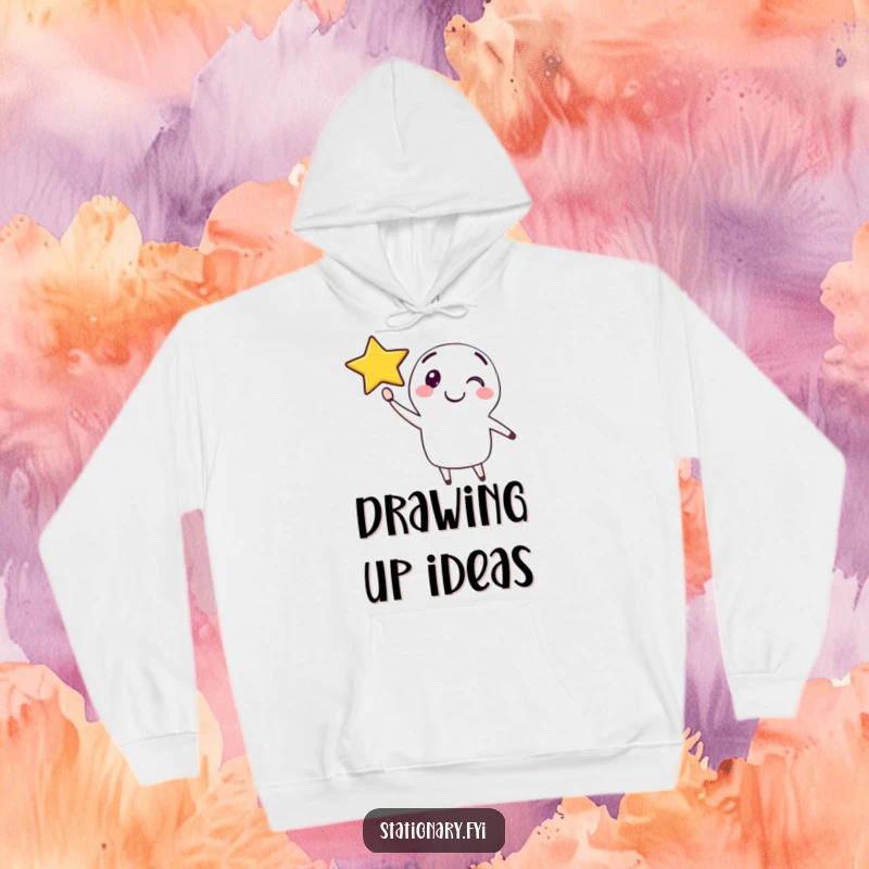 Funny hoodie featuring a happy pen character drawing a smiling star in the air, designed for creative comfort.