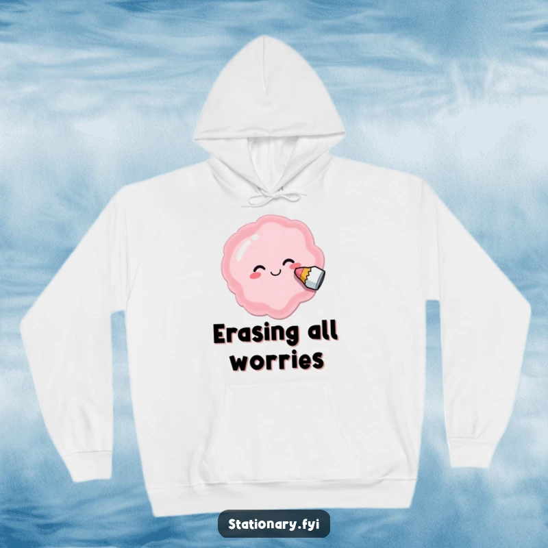 Funny hoodie with a delighted eraser gleefully smudging out a silly shape, embodying playful messiness.