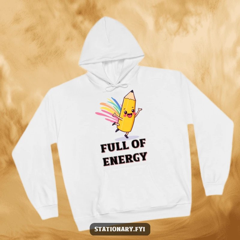 Funny playful pencil hoodie, cartwheeling character with a colorful streak, offering comfort and artistic vibes.