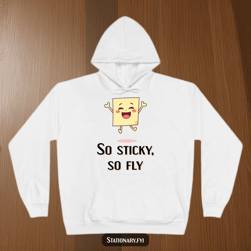 Funny hoodie featuring a sticky note in a joyful bounce, radiating happiness and cozy comfort for a cheerful vibe.