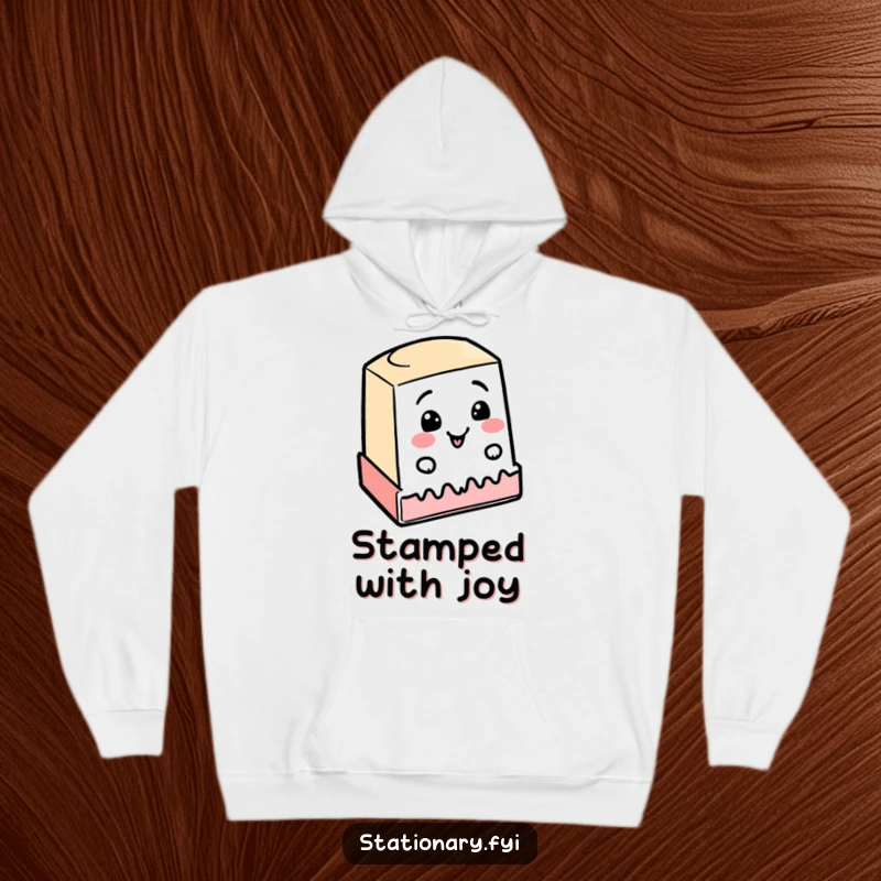 Funny hoodie depicting a cheerful rubber stamp enthusiastically making a wobbly line, embodying playful motivation and fun.