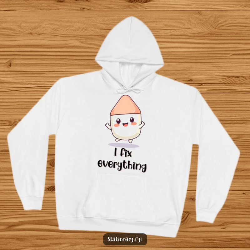 Funny Kawaii Eraser Hoodie: A soft, comfortable hoodie featuring a joyfully bouncing eraser character, bringing playful vibes.