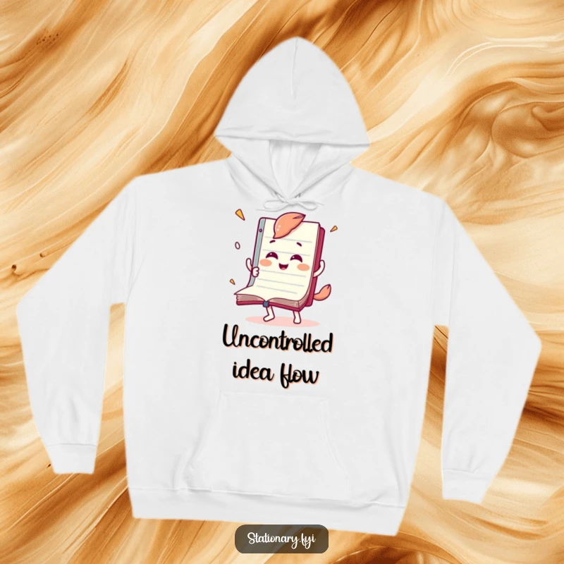 Funny hoodie featuring a joyful notebook character flipping pages rapidly, perfect for cozy reading sessions.
