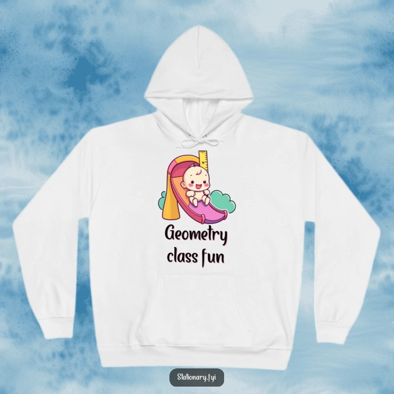 Funny hoodie featuring a playful ruler character sliding happily down a vibrant, colorful slide.