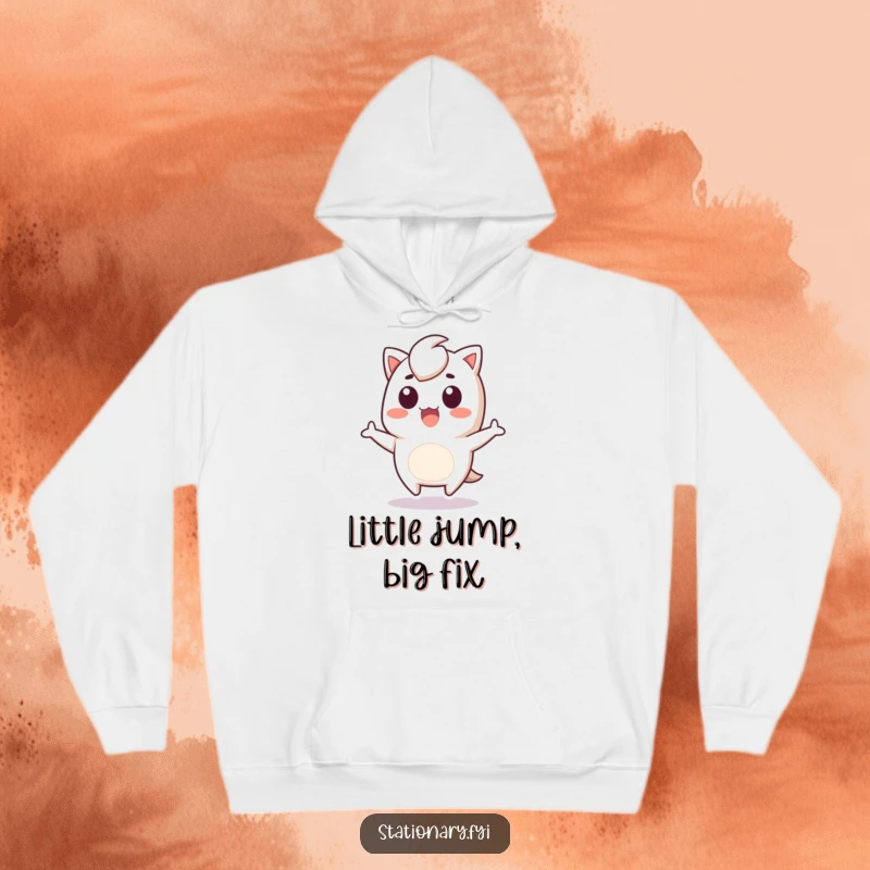 Funny Hoodie featuring a surprised Kawaii staple remover character doing a little jump, perfect for cozying up with humor.