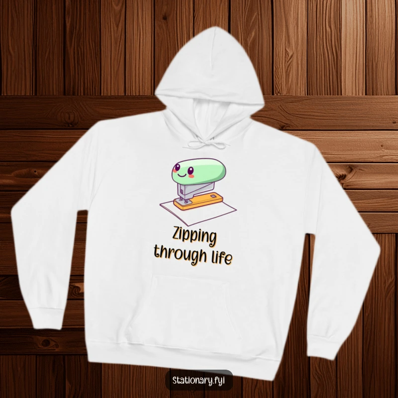 Funny hoodie with a cheerful stapler in motion, zipping across paper, embodying speed and office humor.