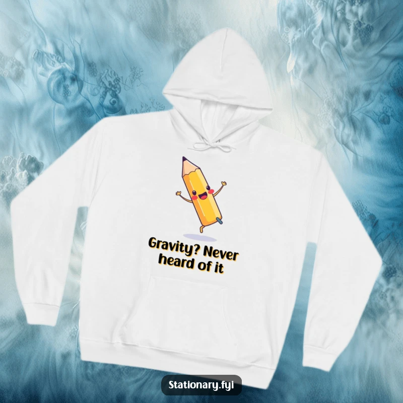 Funny Hoodie showing a pencil in a cartwheel with an eraser, designed for comfort and a good laugh.
