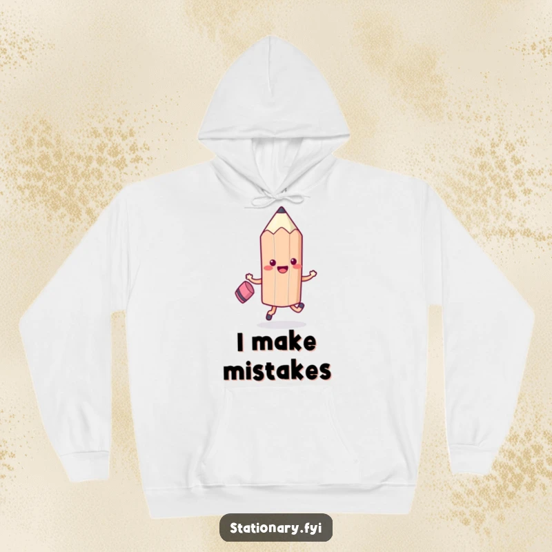 Funny Kawaii Pencil Hoodie skipping happily with an eraser, offering warm and humorous school-themed apparel, ideal for gifts.