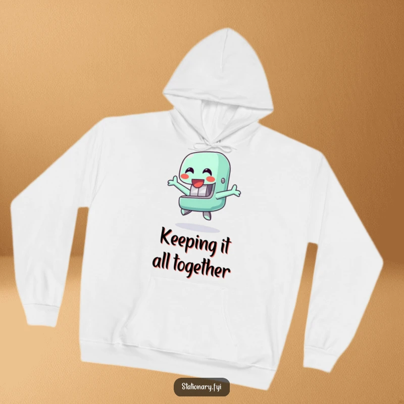 Funny hoodie illustrating a happy stapler character in a cheerful jump, providing cozy warmth and a touch of office-related humor.