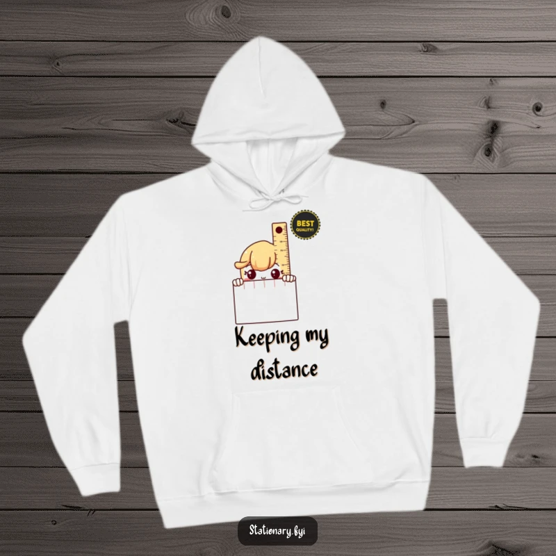 Funny Hoodie with a shy ruler peeking from behind a notebook, combining cozy warmth with gentle humor.