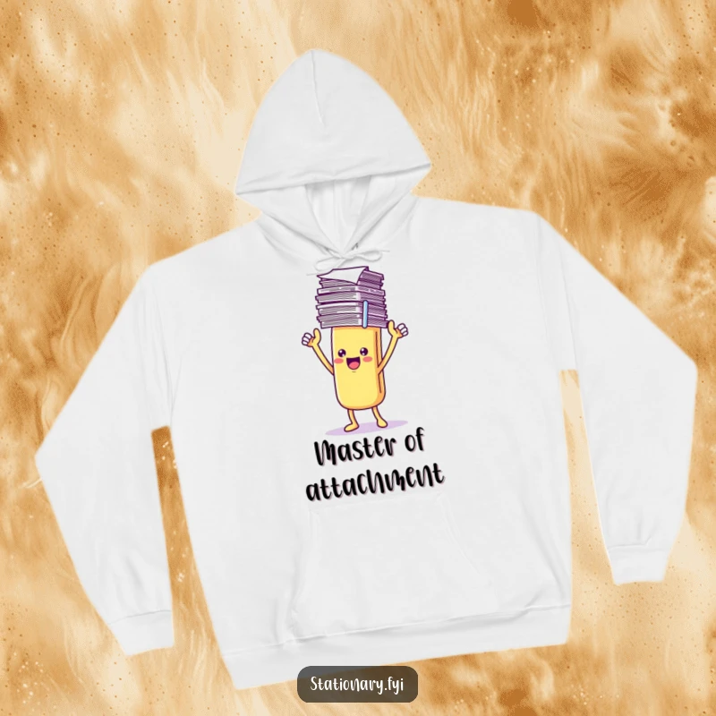 Funny Hoodie featuring a triumphant Kawaii paperclip character holding a stack of papers, offering cozy comfort and pride.