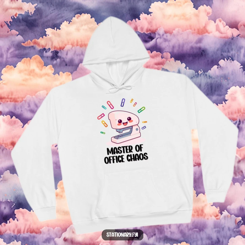 Funny Hoodie of a smiling stapler juggling paper clips, combining warmth with office-themed amusement.