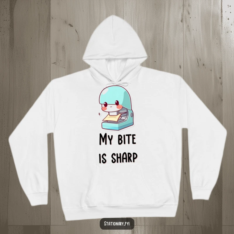 Funny Kawaii Stapler Hoodie: A cozy hoodie featuring a chomping stapler character, perfect for staying warm and productive.