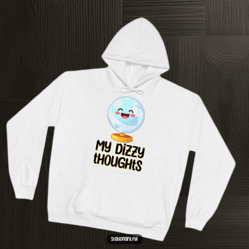 Funny hoodie featuring a wobbly globe spinning with cheerful energy, designed for warmth and a touch of global fun.
