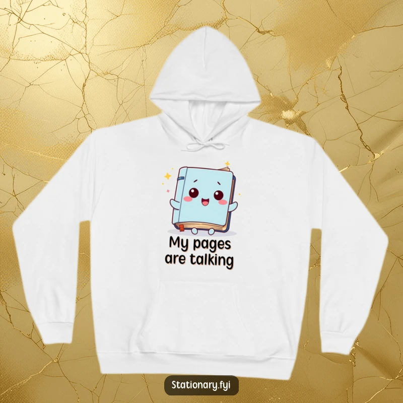 Funny Kawaii Notebook Hoodie: A soft hoodie featuring a notebook character with joyfully fluttering pages, perfect for cozy creativity.